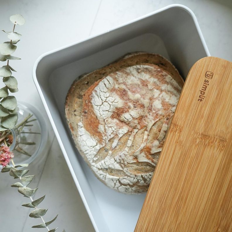 Panera Metálica con Tapa Bamboo Blanca Simplit-5