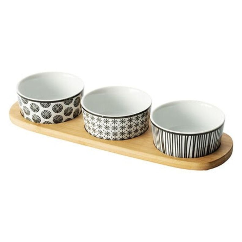 Set Aperitivo 4 Pza Ceramica Bandeja Bambu Secret de Gourmet Cafe Claro