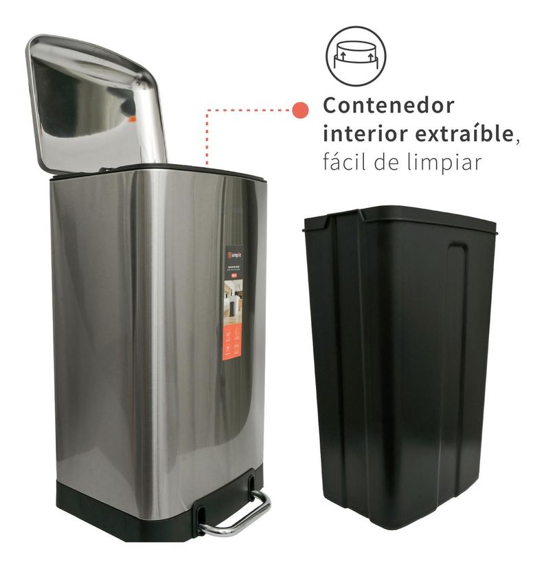 Basurero Cocina Iron 40lts Pedal Acero Inox Simplit-5