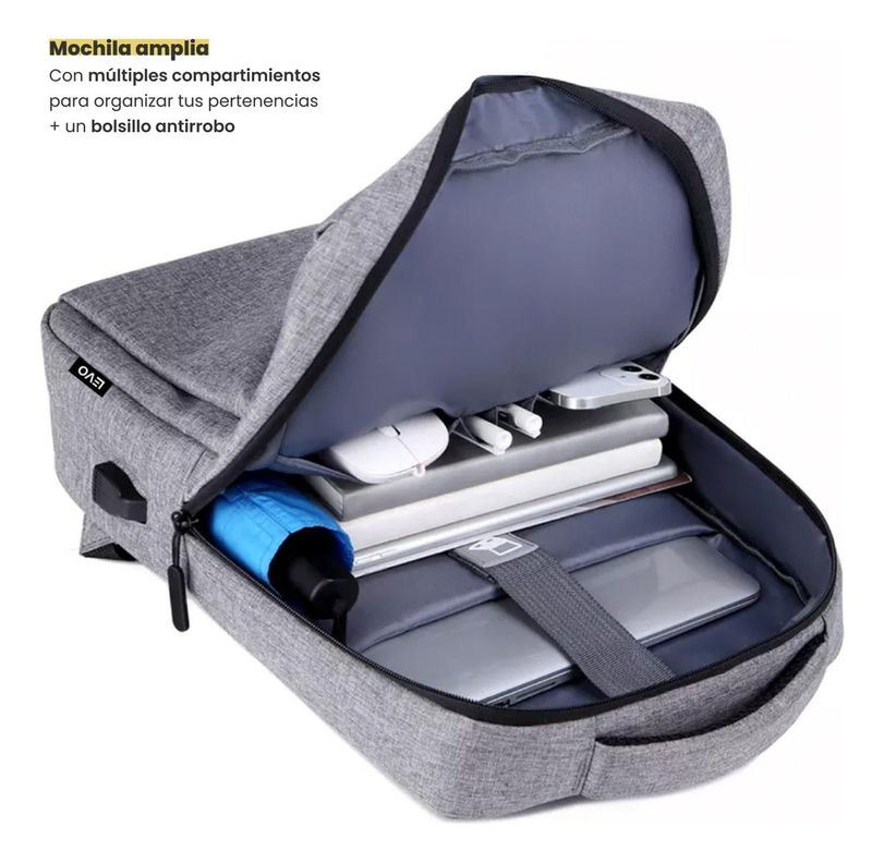 Mochila para Notebook con Puerto USB 15" Gris Levo-2