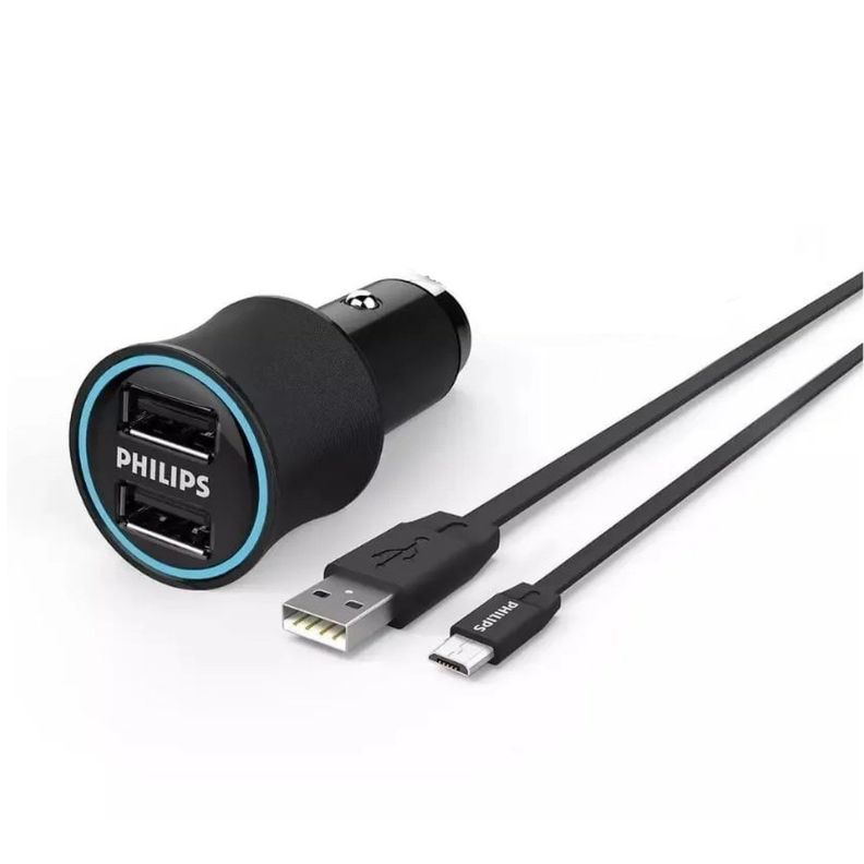 Cargador auto USB Doble con cable USB a Micro USB Philips-0