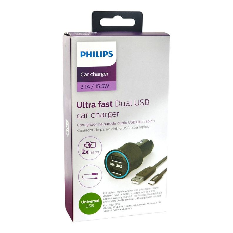 Cargador auto USB Doble con cable USB a Micro USB Philips-1