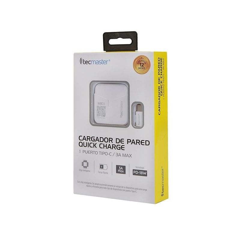 Cargador Pared 1 Usb Tipo C 3A Tecmaster Blanco-0