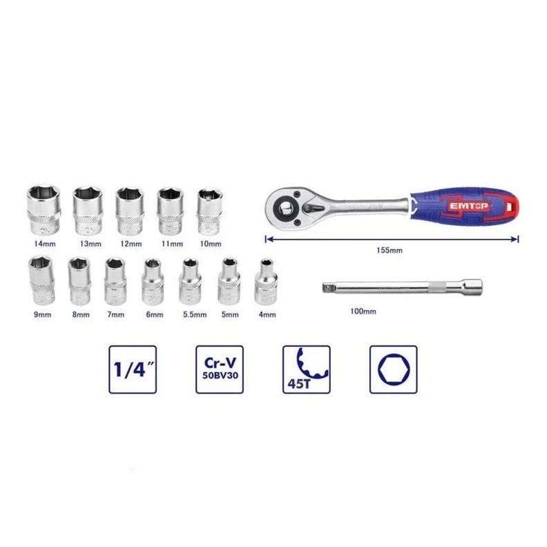Kit de 14 Piezas Dados Ratchet 1/4 45t EMTOP -1