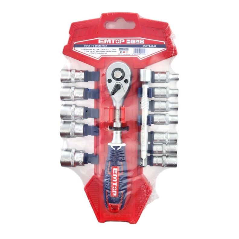 Kit de 14 Piezas Dados Ratchet 1/4 45t EMTOP -6