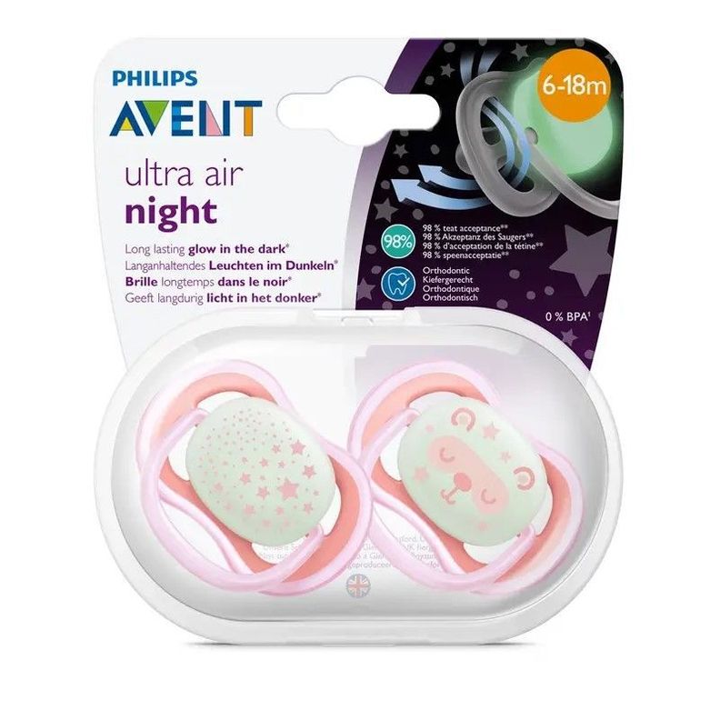 2 Chupetes Avent Nocturno 6-18m Rosado SCF376/22-3