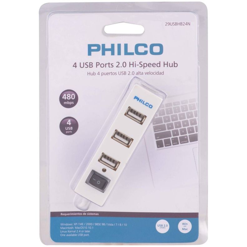 Mini Hub USB 2.0 Philco Blanco 4p-3