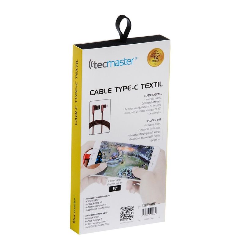 Cable Usb Tipo C Textil 90° Tecmaster Rojo-1