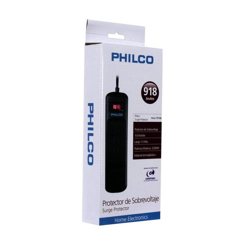 Alargador Protector Sobrevoltaje Philco 918 Joules Negro-1