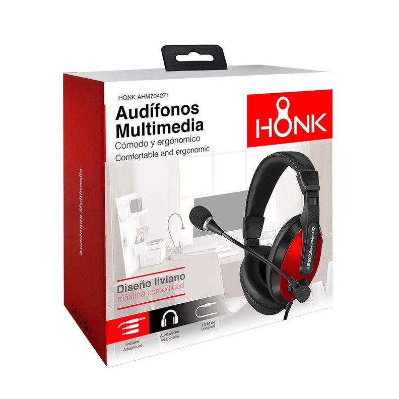 Audifonos Gamer Honk Multimedia Rojo 3.5mm-1