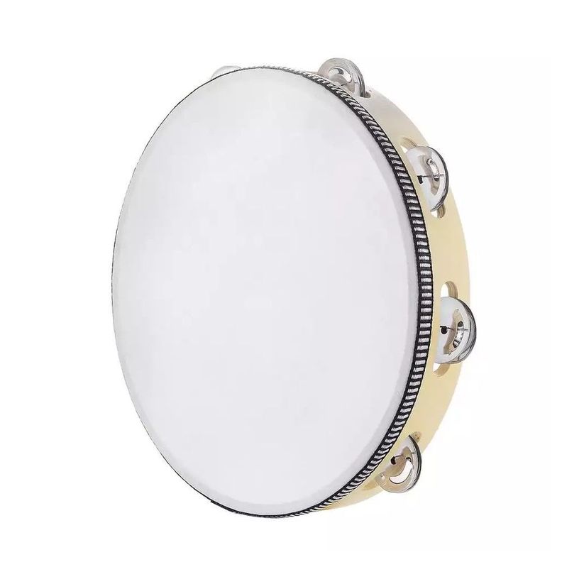 Pandero Madera Con Parche 10 Sonajas Metal Beige Natural