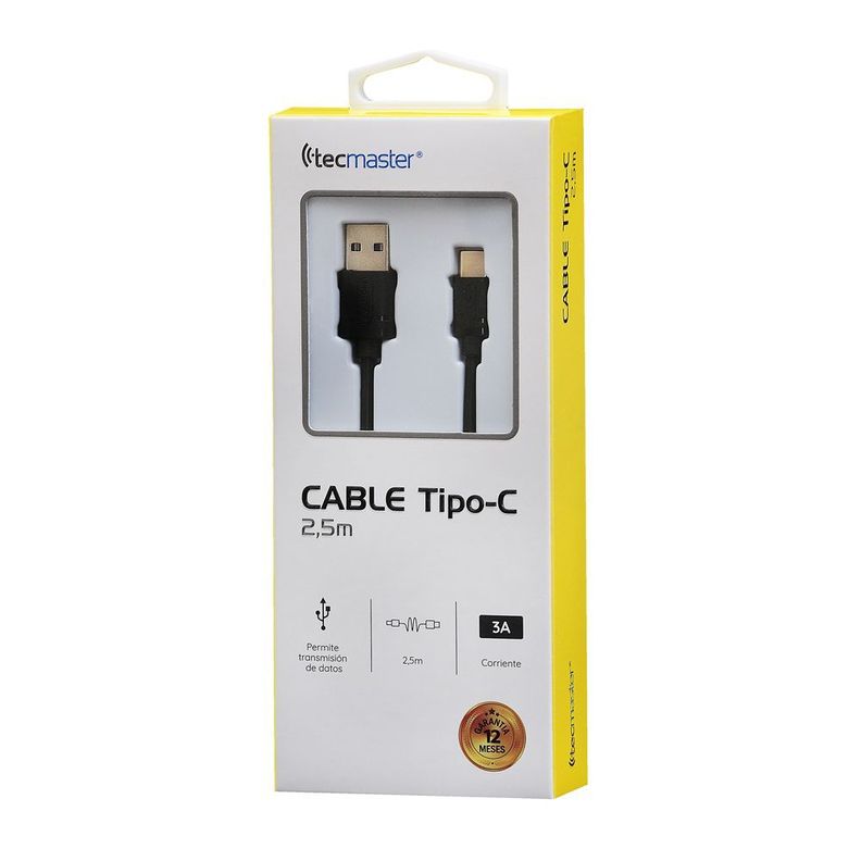 Cable Tipo C a USB 2.5mts 3a Tecmaster Negro-2