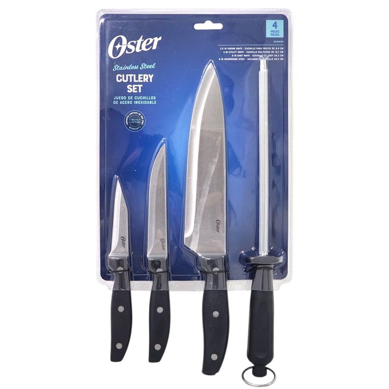 Set de 3 Cuchillos 1 Afilador de Acero Oster Triple Remache-0