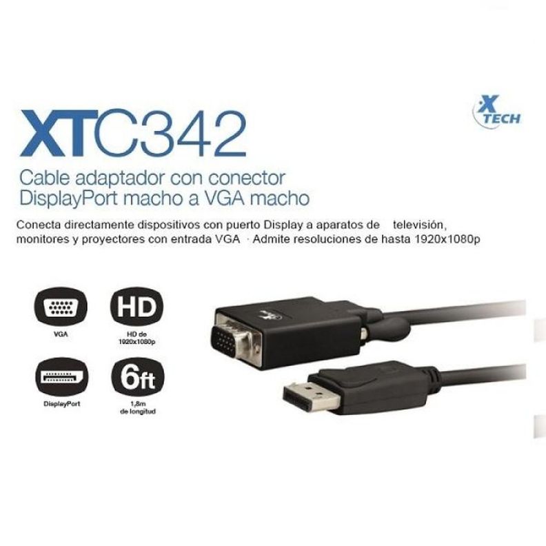 XTECH CABLE ADAPTADOR DE DiSPLAY PORT MACHO A VGA MACHO 1.8M-0