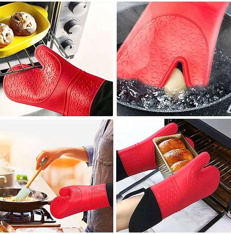 Par Guantes Cocina Silicona Horno Ollas Antideslizante Rojo-4