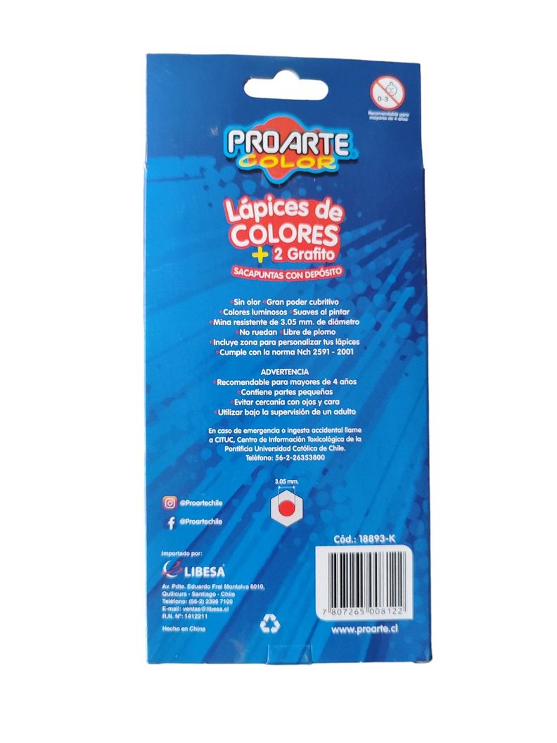 Lapiz Madera Proarte Caja 15 Unidades - 12colores+2g+1s-2