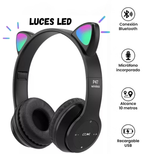 Audifonos Bluetooth Orejitas De Gato Negro
-2
