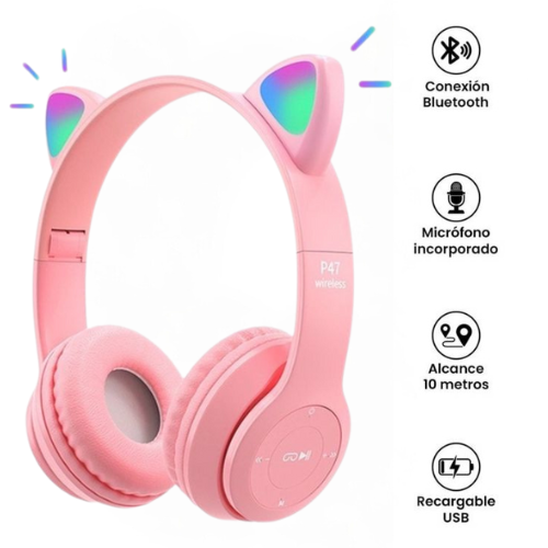 Audifonos Bluetooth Orejitas De Gato Rosado
-1
