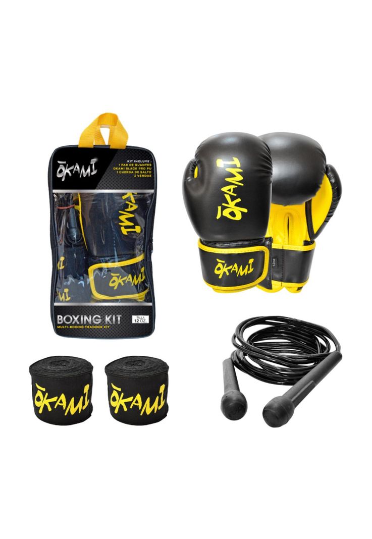 Kit Box Okami Guante Black Pro-Pu Negro 12 oz + Cuerda + Venda-2
