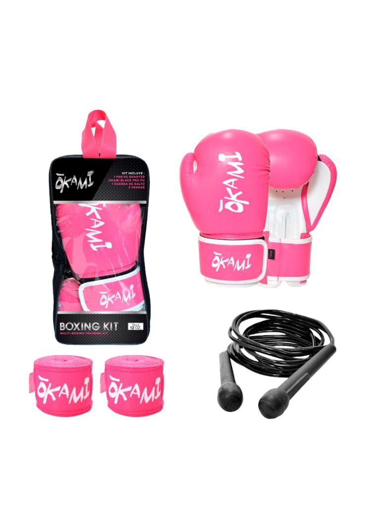 Kit Box Okami Guante Black Pro-Pu Rosa 12 oz + Cuerda + Venda-0