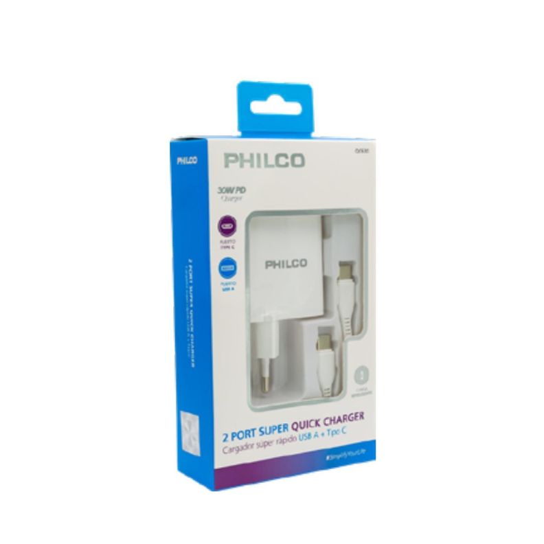 CARGADOR DE PARED SUPER RAPIDO 30W USB A Y TIPO C PHILCO-0