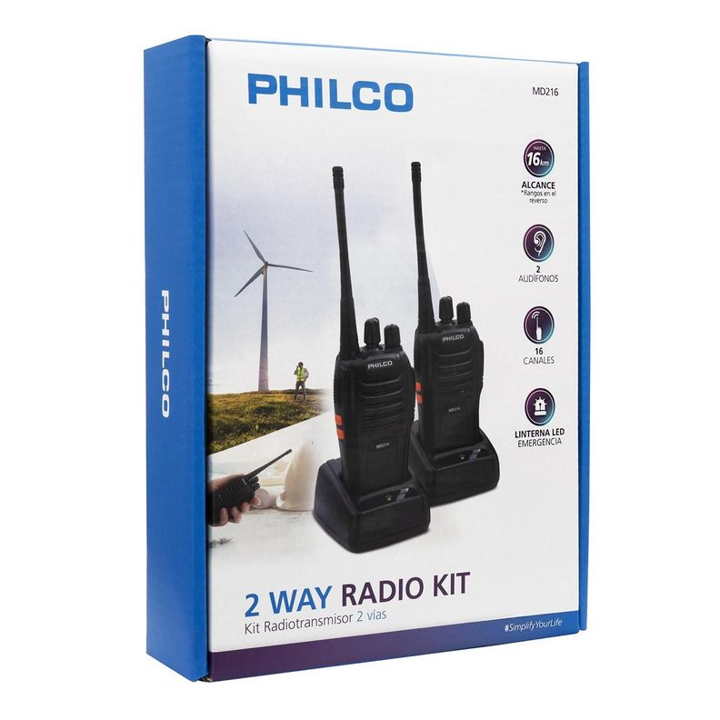 KIT PAR RADIOTRANSMISORES PORTATIL INCLUYE MANOS LIBRES WALKIE TALKIE 16KILOMETROS PHILCO-1