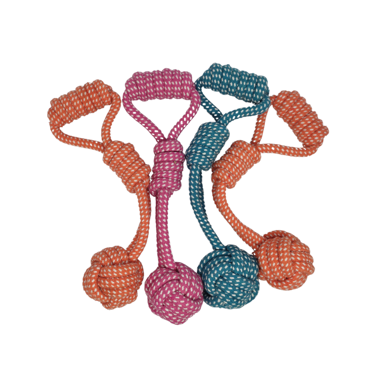 JUGETE DE ALGODON CUERDA DE MASTICAR CON PELOTA ROSA-2