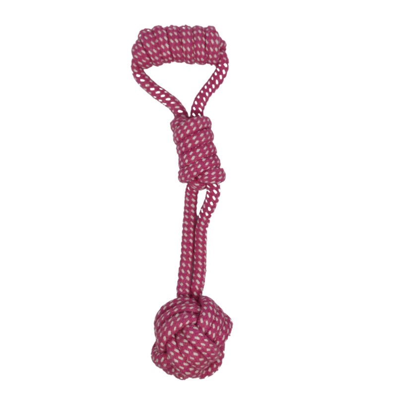 JUGETE DE ALGODON CUERDA DE MASTICAR CON PELOTA ROSA-1