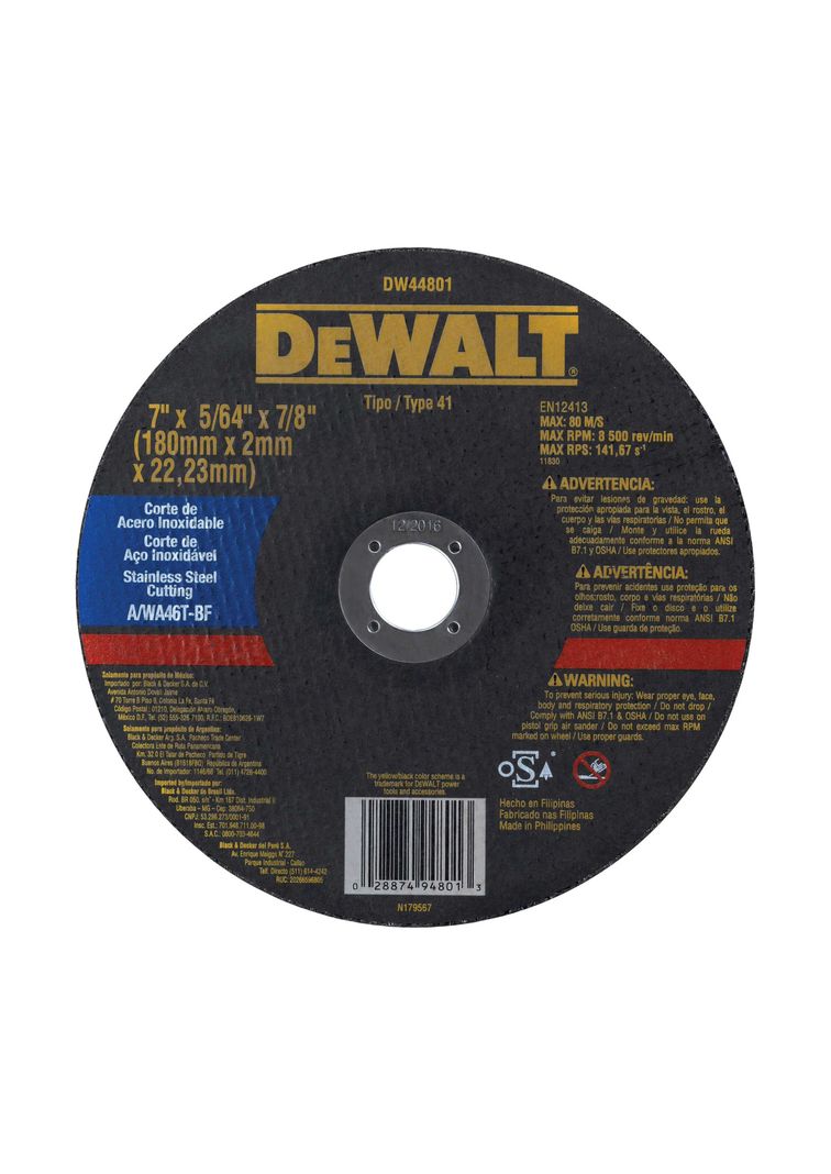 Disco corte acero inoxidable 7" x 5/64" DEWALT DW44801-0