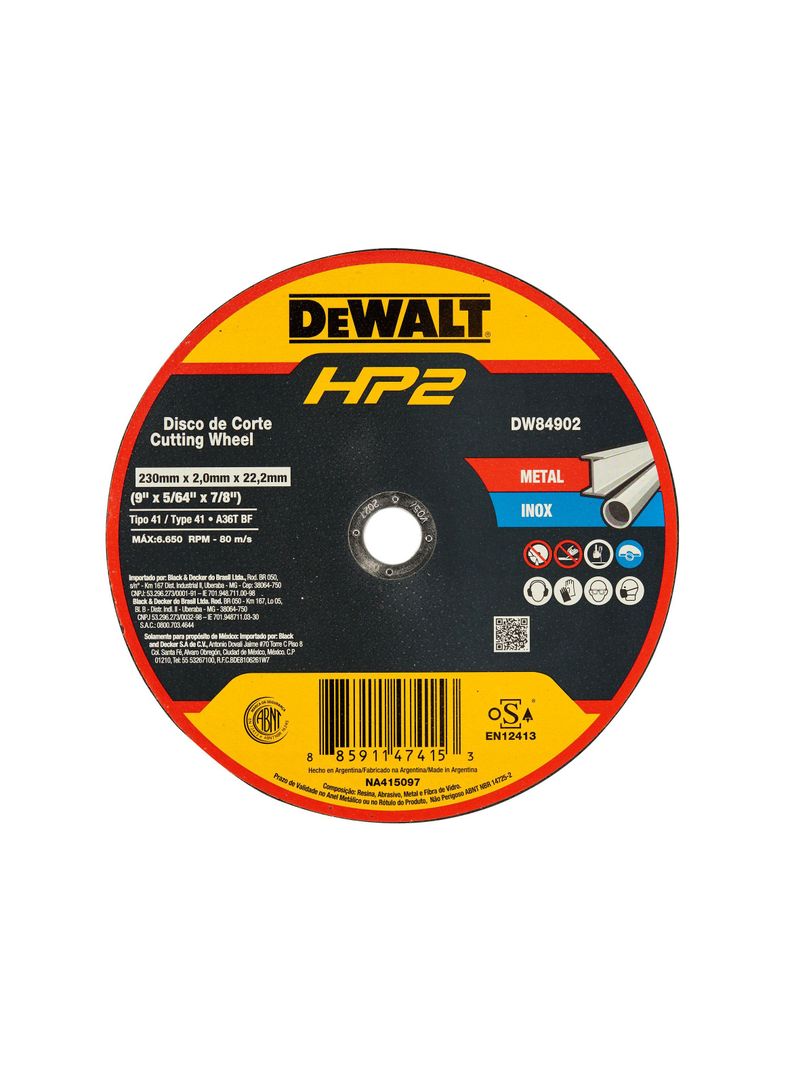 Disco de corte 9” Acero inoxidable/Metal DEWALT DW84902-0