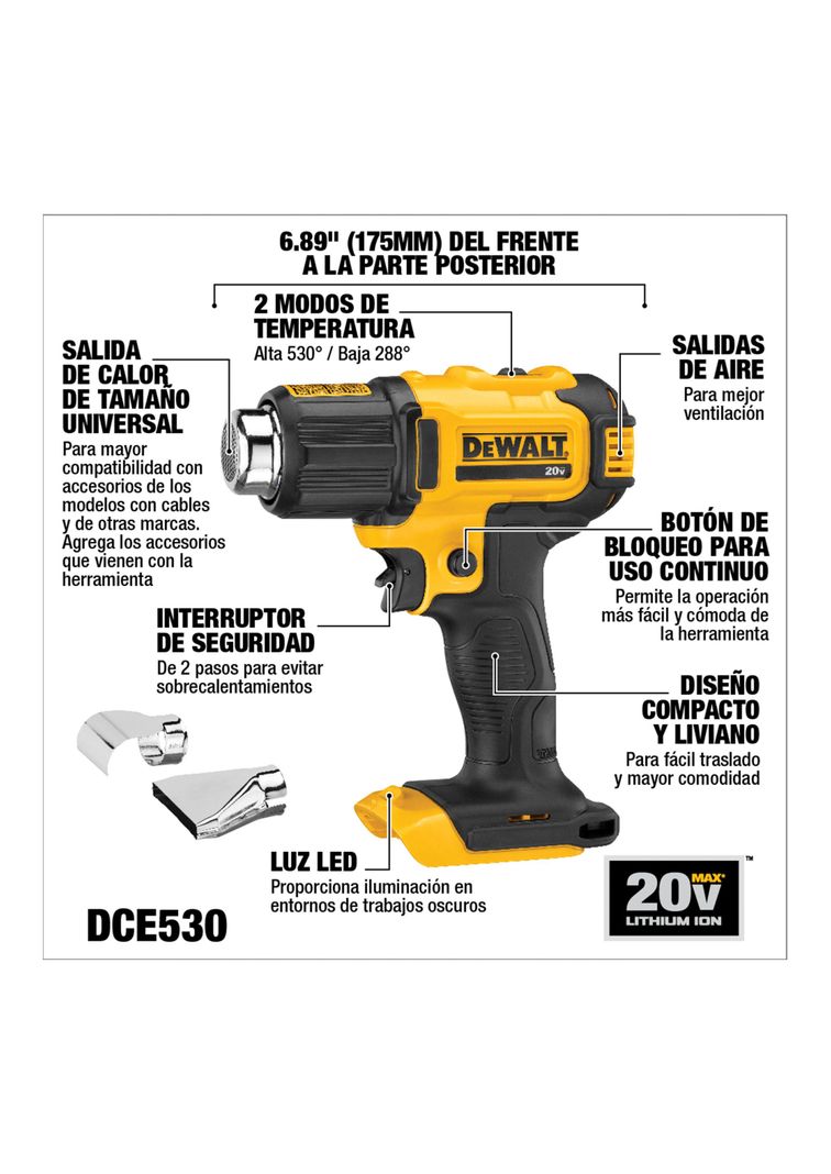 Pistola de calor 20V Sin Batería DEWALT DCE530B-2