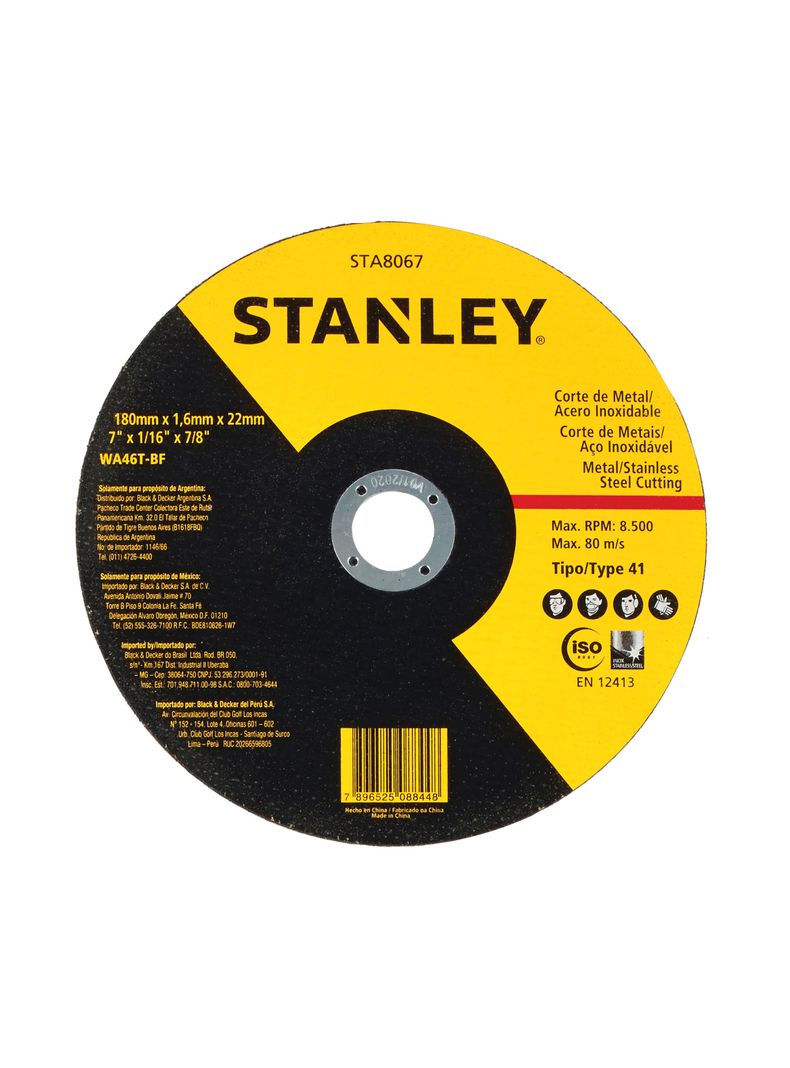 Disco corte metal/inox 7' eje 7/8' Stanley STA8067-0