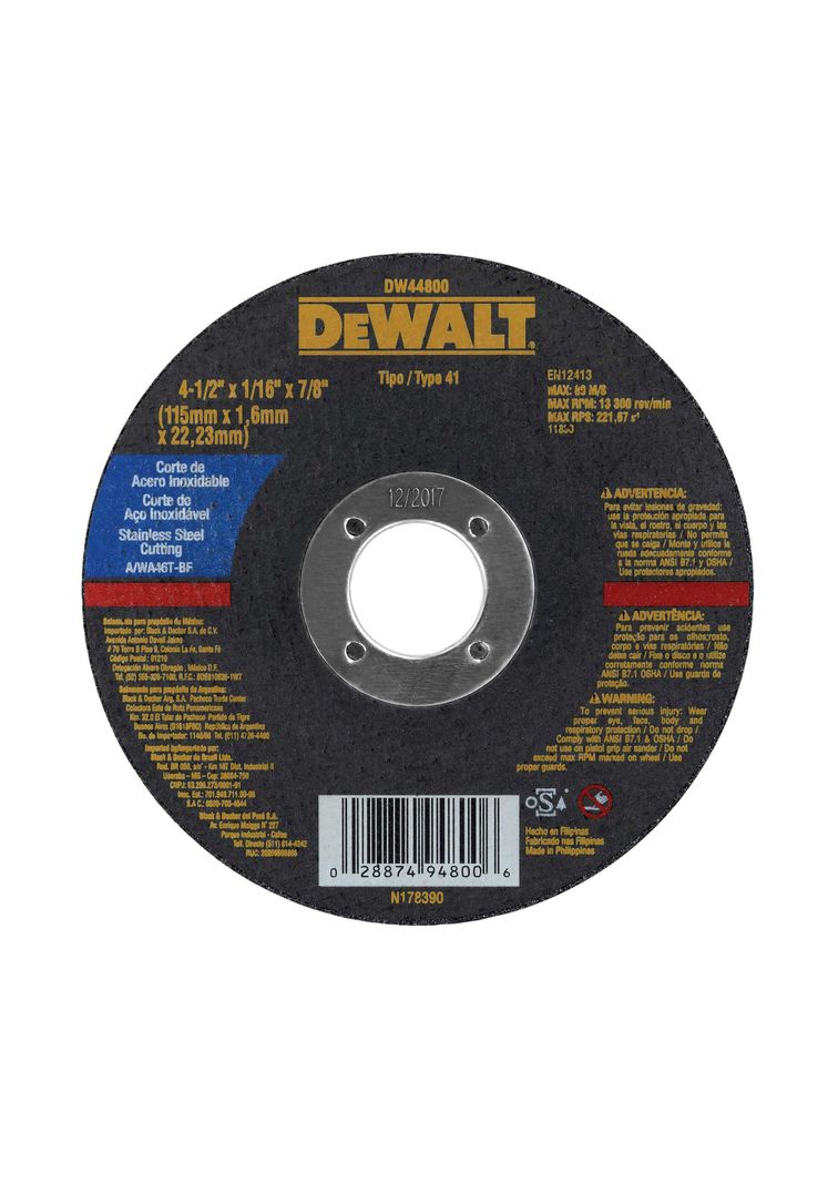 Disco corte metal acero inox 4-1/2" x 1/16" DEWALT DW44800-0