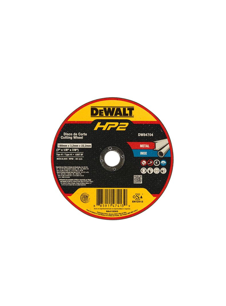 Disco corte 7'x1/8' Ac. Inox./Metal Plano DEWALT DW84704-0