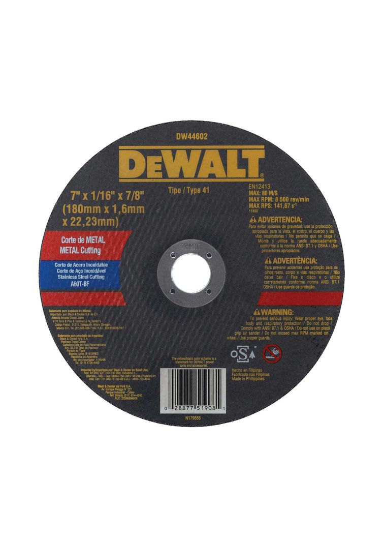 Disco corte de metal acero inoxidable 7" x 1/16" DEWALT DW44602-0
