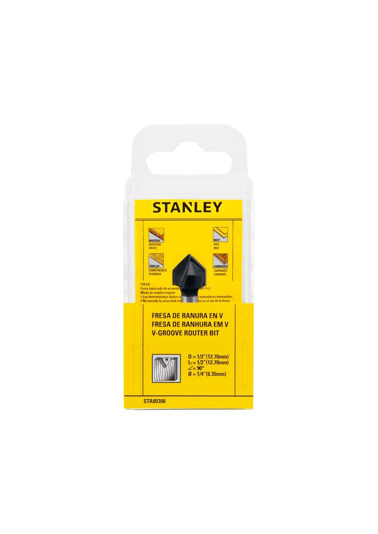 Fresa ranura en V 1/2” vástago 1/4" STANLEY STA80306-2