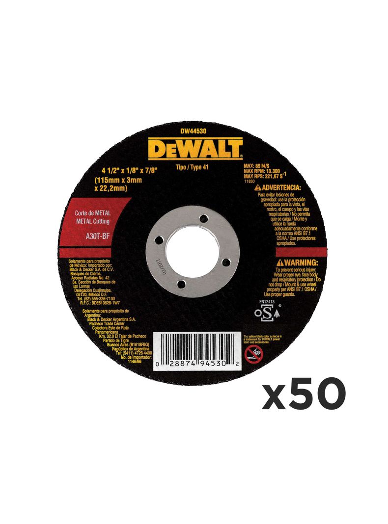 Pack 50 disco abrasivo corte metal 4-1/2"  DW44530 X50-0
