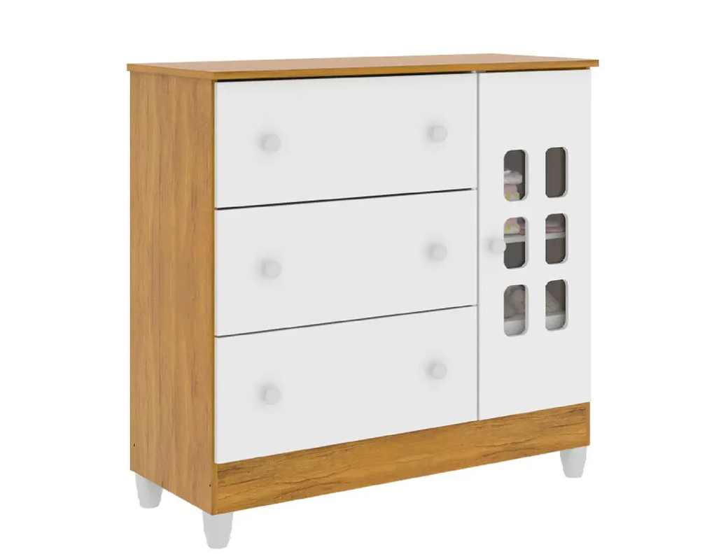 COMODA MARIA 4 CAJONES CON PUERTA BLANCA MIEL