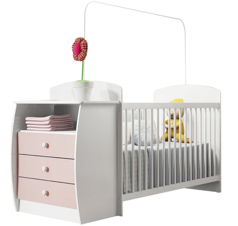 CUNA CON COMODA BLANCA /  ROSA PREMIUN-3