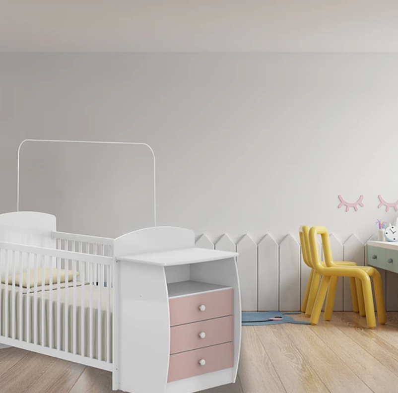 CUNA CON COMODA BLANCA /  ROSA PREMIUN-4