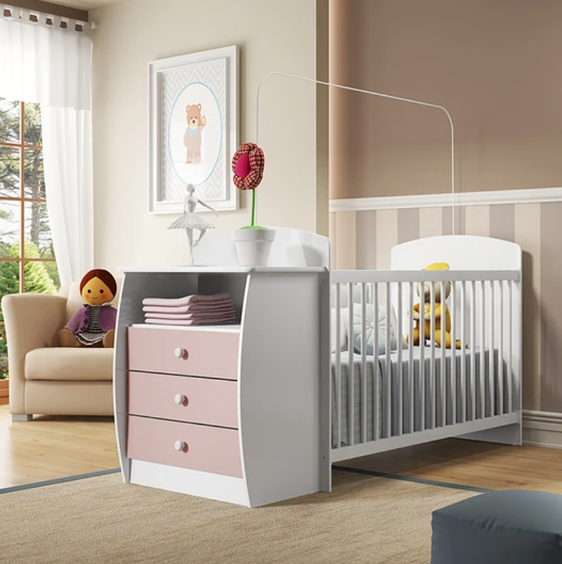 CUNA CON COMODA BLANCA /  ROSA PREMIUN-5