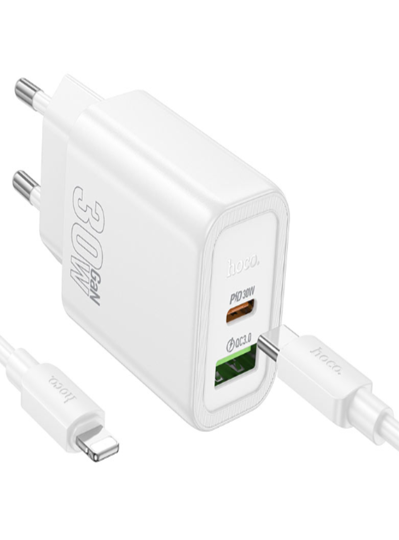 Cargador Hoco De Pared 30W GaN Cable Para Iphone Certificado Blanco