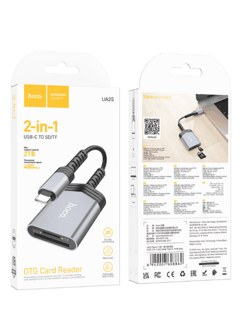Adaptador Computador Lector Tarjetas SD MicroSD USB C Hoco UA25 Gris