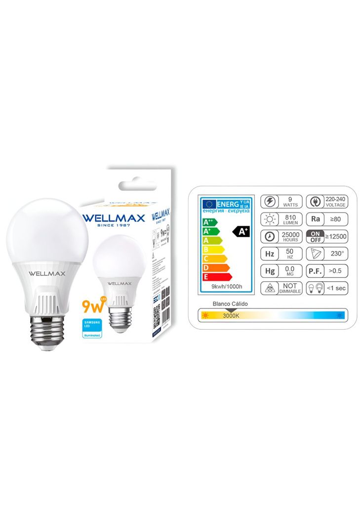 Pack de 3 Ampolletas Wellmax E-27 9W Luz Calida Led Samsung-4
