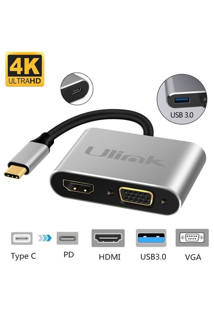 Hub Adaptador 4 en 1 Type-C a HDMI 4K + VGA + USB 3.0+ USB C-5