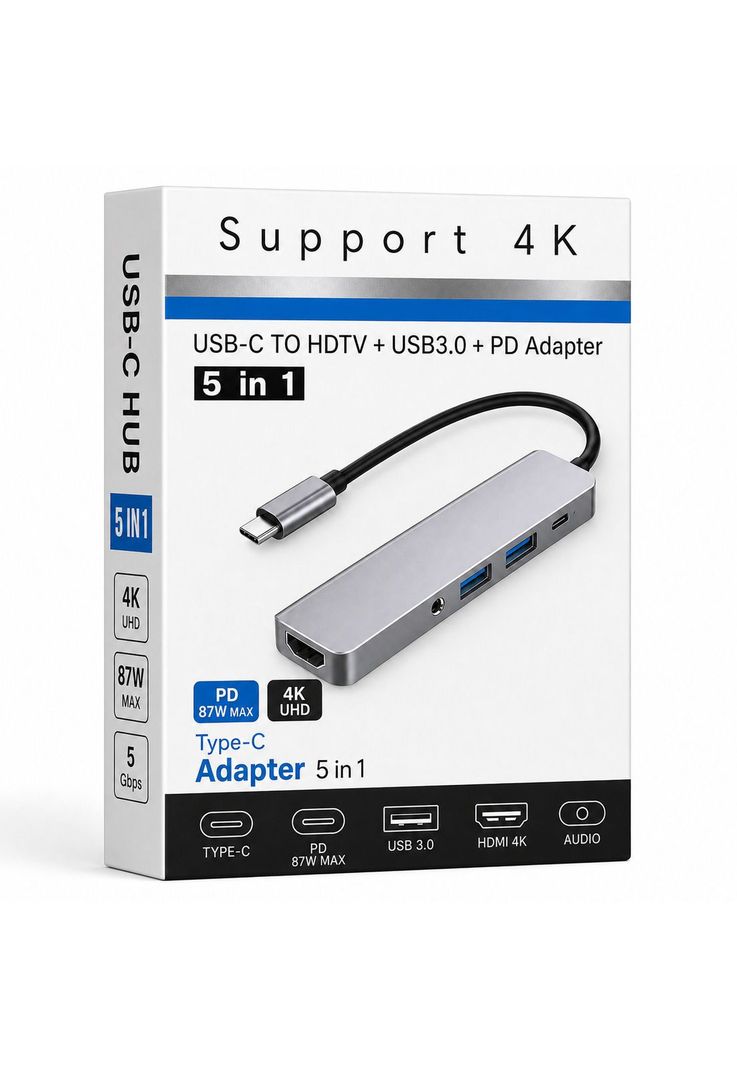 Adaptador Hub Usb-C Multipuertos 5 En 1 (Hdmi, Jack, Usb, Usb C) Negro