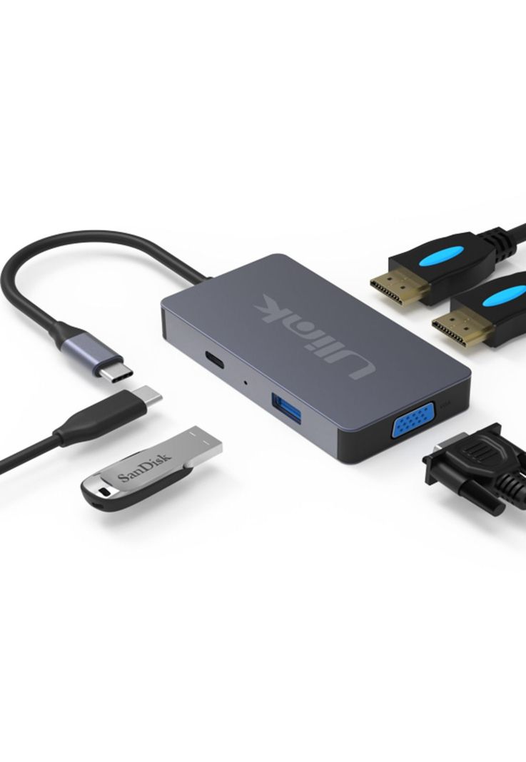 Hub Adaptador Type-C (5en1) 4K HDMI X2/ VGA/ Type-C/ USB 3.0-0
