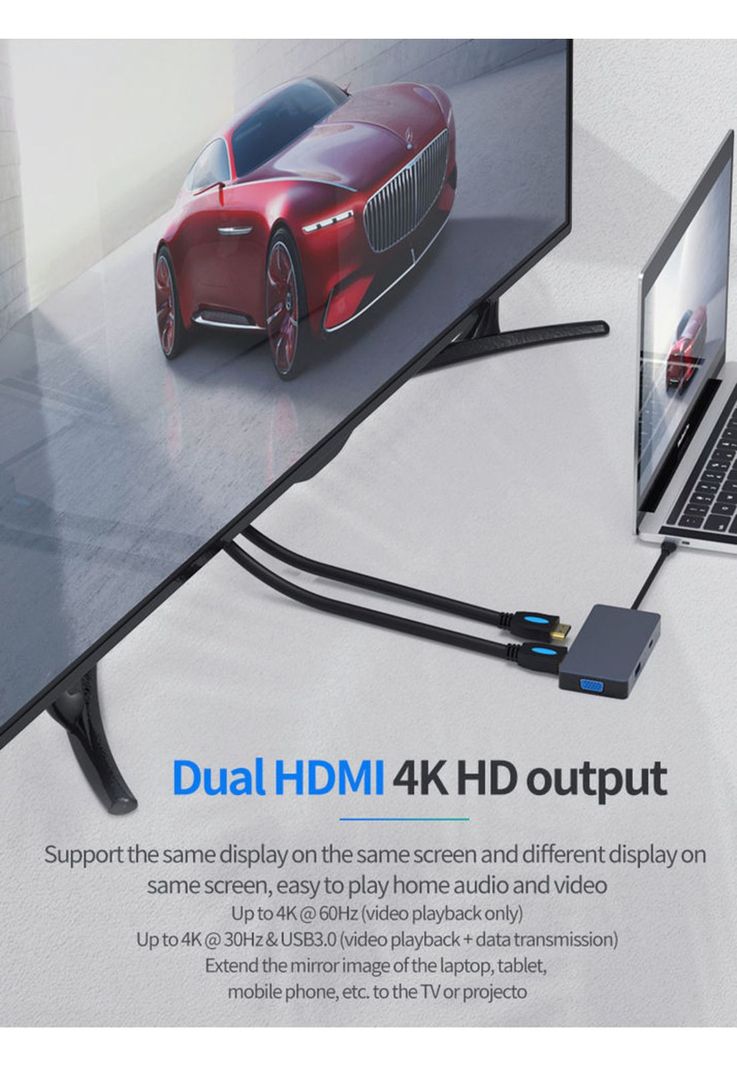 Hub Adaptador Type-C (5en1) 4K HDMI X2/ VGA/ Type-C/ USB 3.0-4