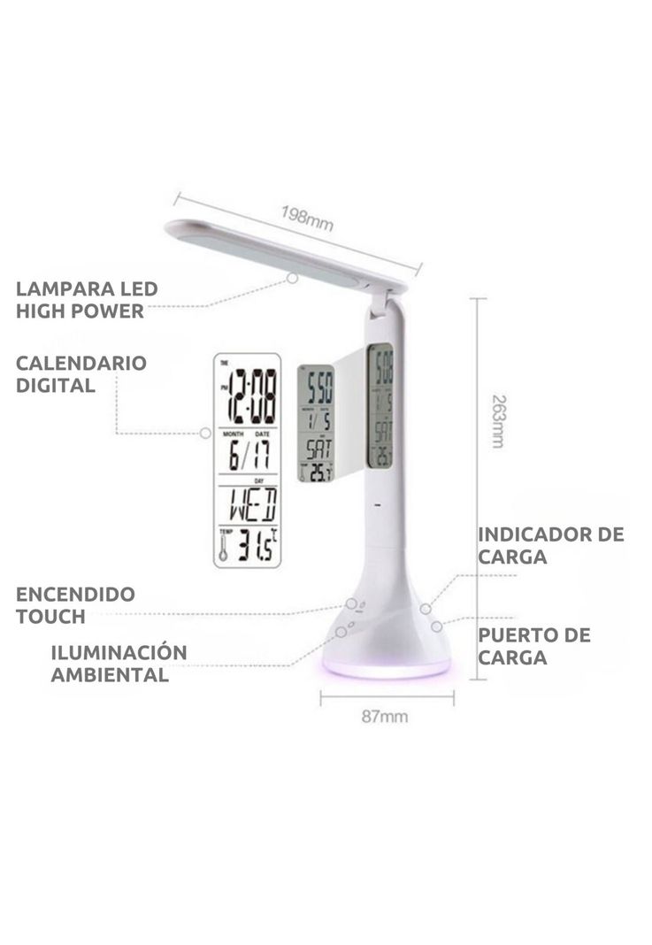 Lampara de Escritorio LED Recargable Touch con Reloj DL368-7