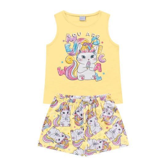 PIJAMA CORTO AMARILLO ALGODÓN GATOS FOTOLUMINISCENTE-0